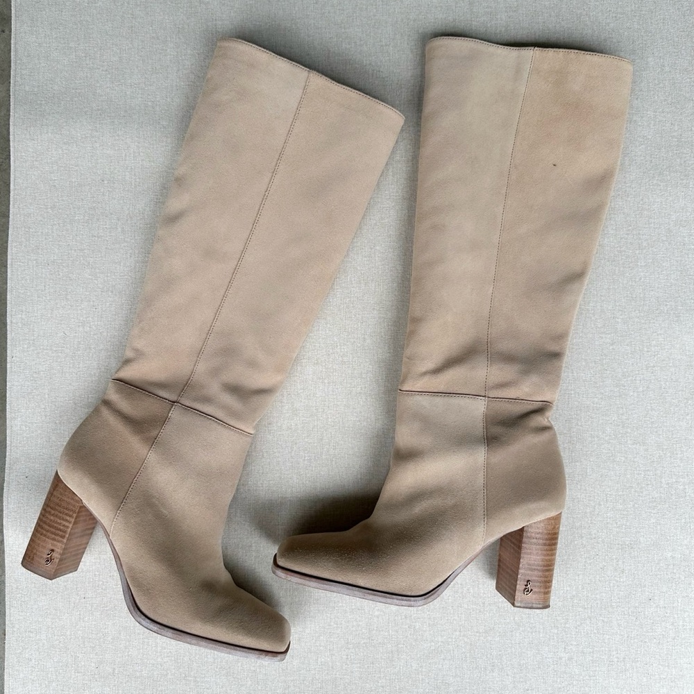 Sam Edelman Olly Beige Suede Knee High Block Heel Boots